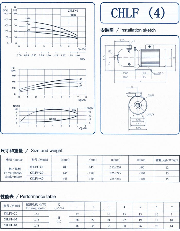 CHLF輕型立式不銹鋼多級離心泵安裝圖、尺寸、性能